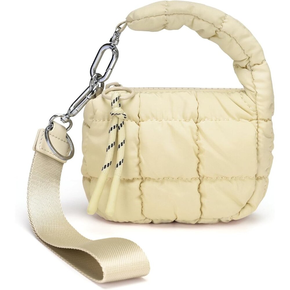 Women's Tan Mini Quilted Wristlet Pouch Cute Charm Gift Puffer Evening Handbag